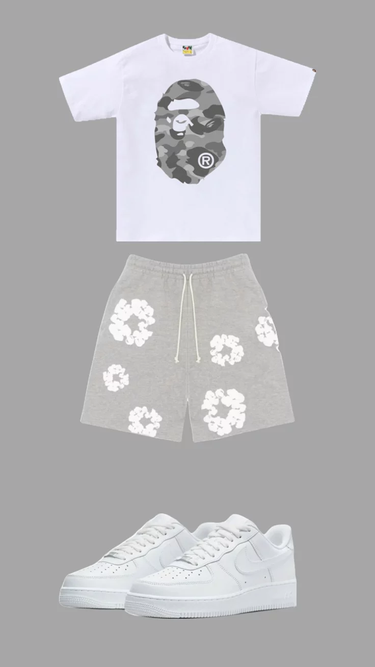 BAPE grey camo tee with denim tears shorts and Air Force 1
