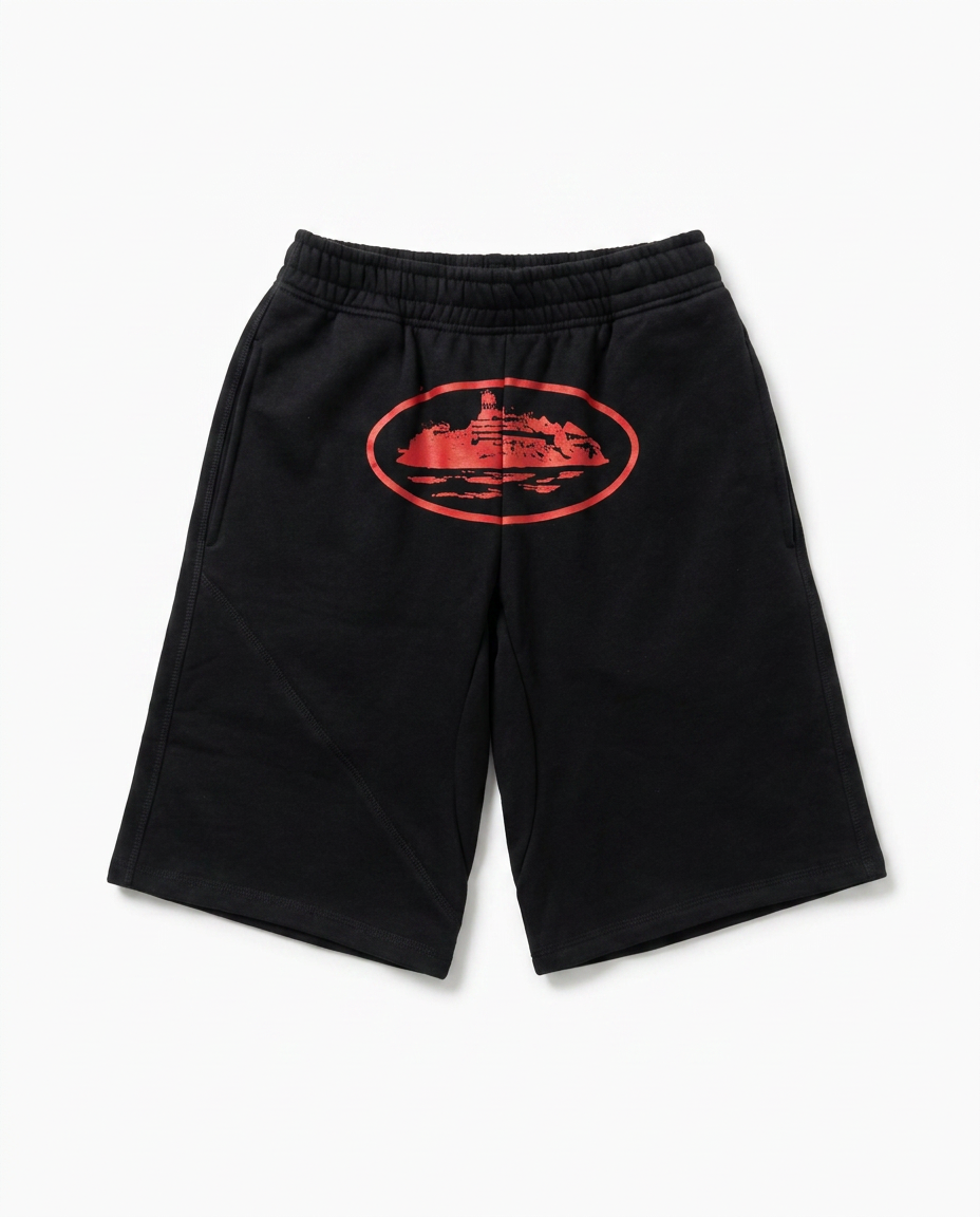 Corteiz Alcatraz black shorts with red print