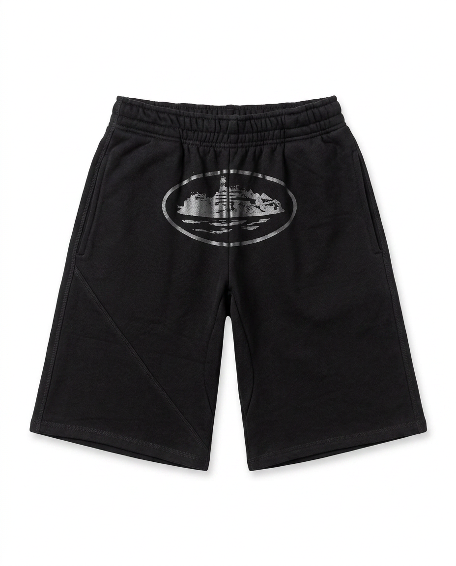 Corteiz Alcatraz black shorts tonal print